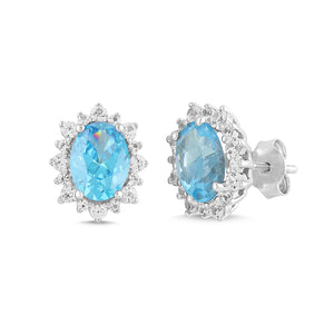 Natural Blue Topaz and White Sapphire Oval Halo Earrings