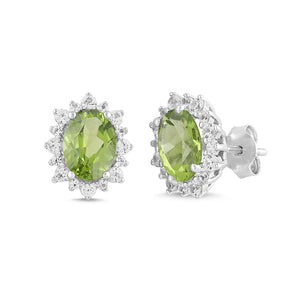 Natural Peridot and White Sapphire Oval Halo Earrings