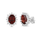 Natural Garnet and White Sapphire Oval Halo Earrings
