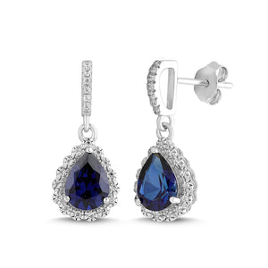 Lab-Created Blue Sapphire and White Sapphire Pear Halo Earring