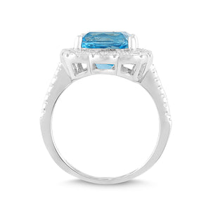 Natural Blue Topaz and White Sapphire Cushion Halo Ring
