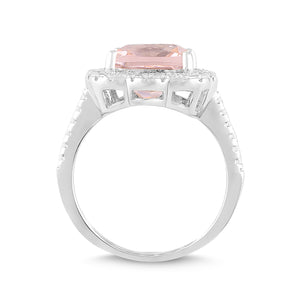 Lab-Created Morganite and White Sapphire Cushion Halo Ring