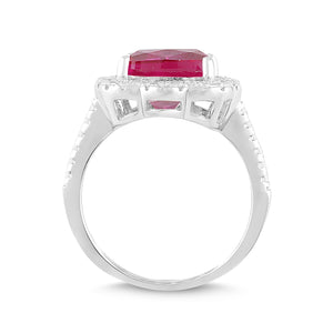 Lab-Created Ruby and White Sapphire Cushion Halo Ring