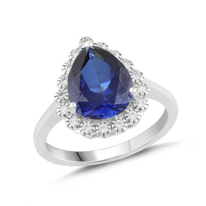 Lab-Created Blue Sapphire and White Sapphire Pear Halo Ring