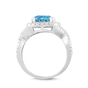 Lab-Created  Aquamarine and White Sapphire Cushion Halo Ring