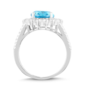 Lab-Created Aquamarine and White Sapphire Halo Ring