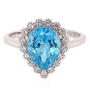 Natural Blue Topaz and White Sapphire Pear Halo Ring