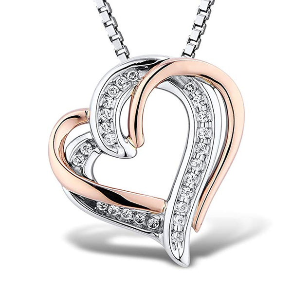 Intertwined Diamond Heart Necklace in Sterling Silver and 10k Rose Gol ...