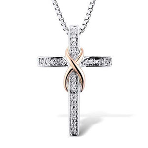 Diamond Cloaked Cross Necklace in 10k Rose Gold and Sterling Silver
