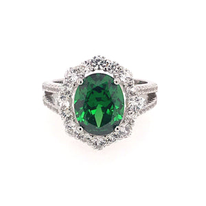 Lab-Created Emerald and White Sapphire Halo Ring